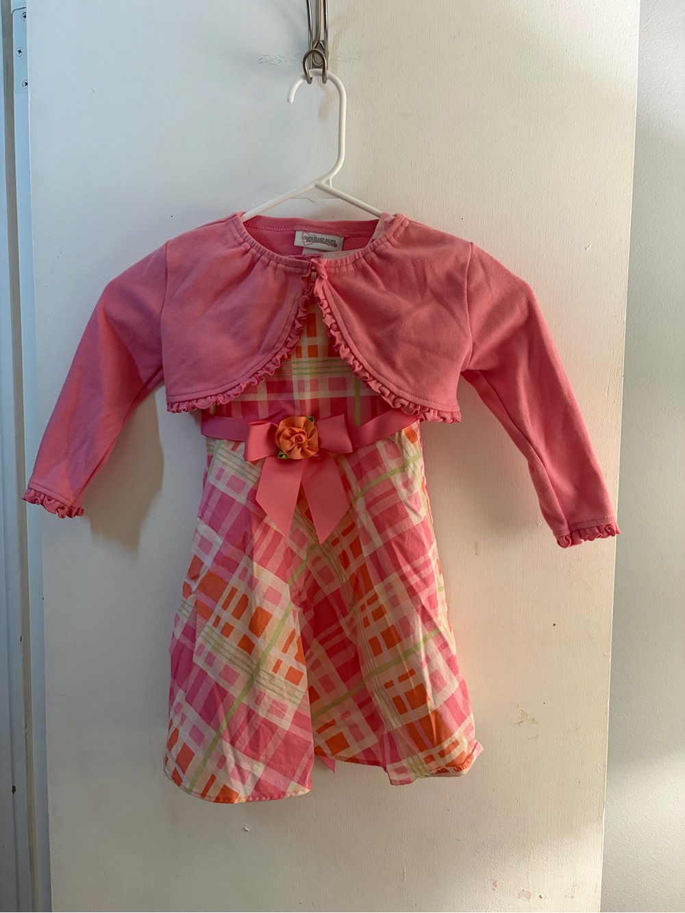 Youngland Pink Plaid Floral-Bow Dress with Pink Shrug